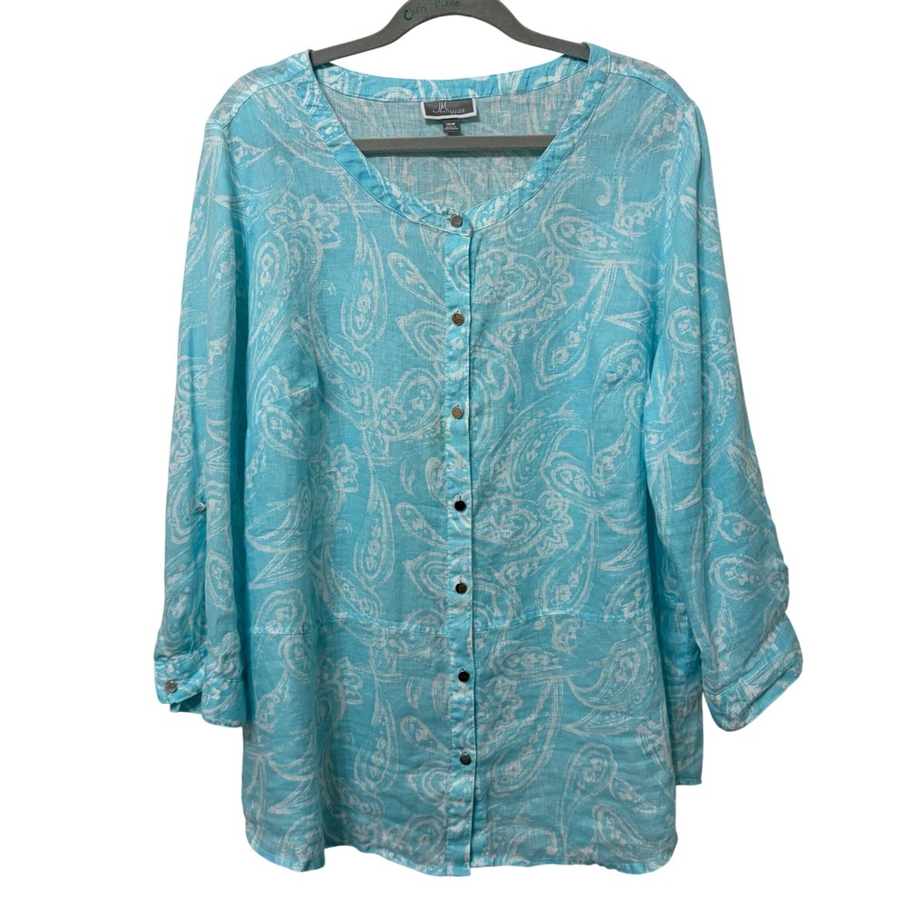 JM Collection Woman Blue White Paisley Button Front 3/4 Sleeve Top Plus 18W
